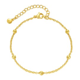 Jewlure 18 Karat Gold Plated Bracelet, Adjustable Single Layer Fine Chain Gold Round Beads Design Simple Ladies Fashion Bracelet