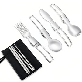 Campinggeschirr Camping Besteck Set für Outdoor - 304 Edelstahl 5 Stück, faltbar Geschirr enthalten, Messer, Löffel, Gabel, Essstäbchen, Spork, Schwarz Tasche, Reisegeschirr, Lunchbox Geschirrset