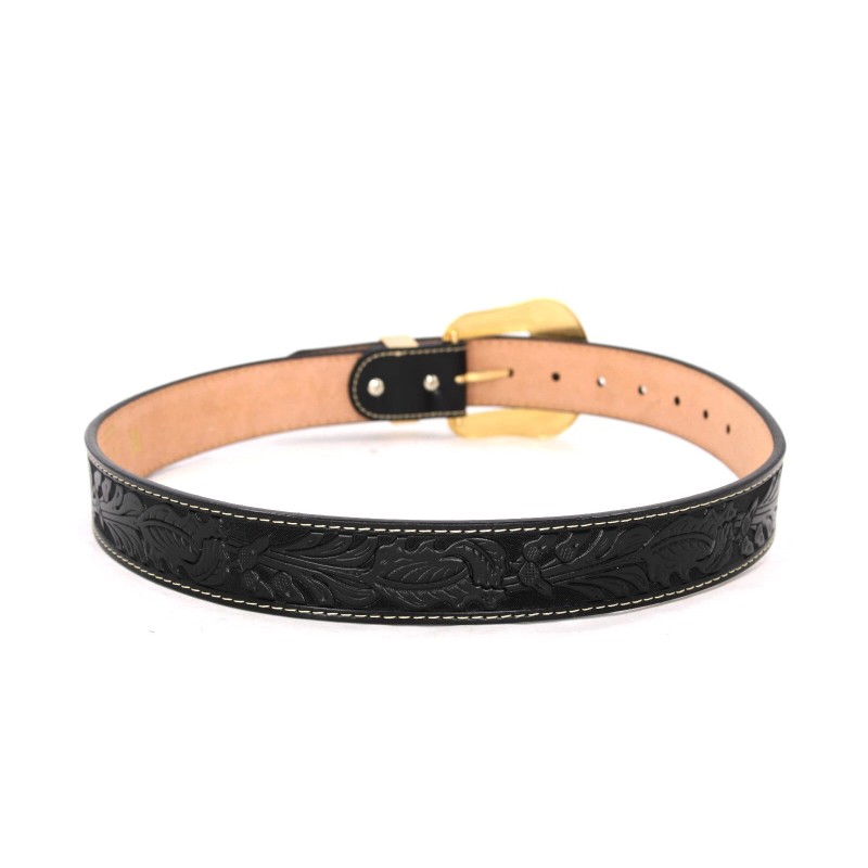 Western BK Belt Genuine Leather Floral Gold Star Horse Buckle