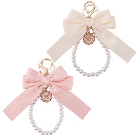 BOXOB 2pcs Bow Keychain, Ribbon & Pearl Bag Charm Cute Key Chain Bow Purse Charm Coquette Wristlet Keychain Handbags Accessories for Women (Pink & White)