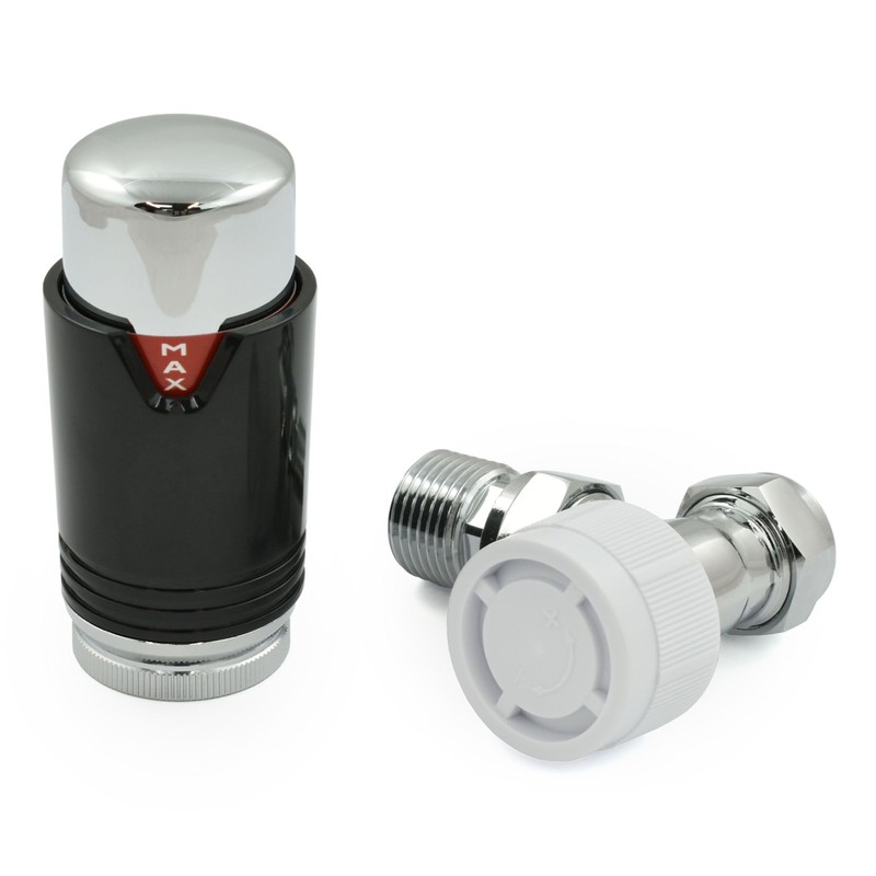 Thermostatic Radiator Valve Chrome & Black Angled TRV – Style