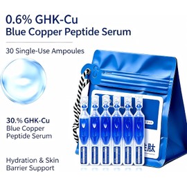 Blue Copper Peptide Facial Serum, 0.6% GHK-Cu Copper Peptide Ampoule Serum, 30 Count Single Use Hydrating Face Serum for Skin Barrier Support,for Sensitive Skin,1.58 Fl Oz (GLK-Cu)