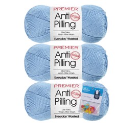 Premier Yarns Everyday Soft Worsted Anti-Pilling Yarn - 3.5 Oz - #4 Medium Weight - 3 Pack Bundle with Bella's Crafts Stitch Markers (Baby Blue)