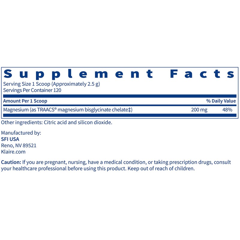 Klaire Labs Magnesium Chelate Powder - Fast-Dissolving 200 Milligrams High