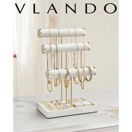 Vlando 3 Tier Bracelet Holder 0rganizer with Tray - Leather Jewelry Stand Organizer for Women - Jewelry Holder Display for Necklace, Watches, Rings, Earrings, Bangle, Scrunchie - Cloud White