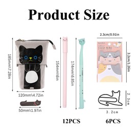 22 Pcs Cute Stationery Set Beautiful Stationery 1 Canvas Cat Telescopic Pouch Bag 12 Gel Ink Rollerball Pens with 0.5mm Refill 320 Notes Page Flags Index Tabs 6 Cat Paper Clips 1 Sticky Note (Grey)