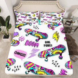 Feelyou Cool Skateboard Bedding Set Hipster Decor Bed Sheet Set for Kids Children Teens Extreme Sports Theme Fitted Sheet Bed Cover Bed Room Decor Girlpower Boom 2Pcs Twin Size