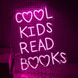 Neon Sign Dimmable USB Powered Cool Kids Neon Light for Wall Decor Pink Led Read Books Light Up Sign for Classroom Reading Room Library Bookstore (16.3 * 12.4In)