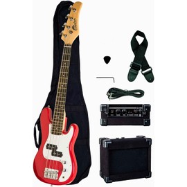 Raptor 3/4 Scale, 38 Inches Size Kids 4 Strings Electric P Bass Package - RED. With 5W Amp, Gig Bag, Strap, 10ft Cable, Picks