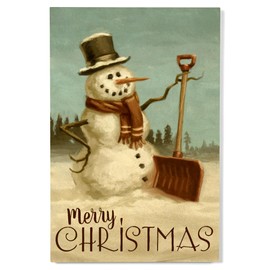 Lantern Press 12x18 Inch Premium Wood Sign, Ready to Hang Wall Decor, Merry Christmas, Snowman, Christmas Oil Painting