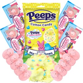Easter Cotton Candy Assortment, Marshmallow Chicks and Fluffy Sugar Floss with Mini Marshmallows, Great Basket Stuffer Candies, 5 Total Items