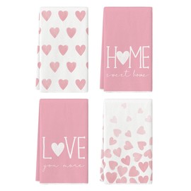 Artoid Mode Pink Heart Love Valentine's Kitchen Towels Dish Towels, 18x26 Inch Farmhouse Anniversary Wedding Decoration Hand Towels Set of 4