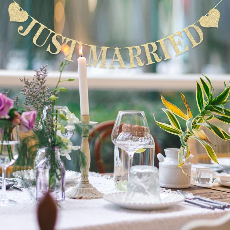 Just Married Banner Decorations Gold, Just Married Bunting Garland Glitter
