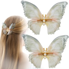 BEIQIYA 2pcs Butterfly Hair Clips, Non-Slip Double Mesh Hairpins, Pearl 3D Butterfly Hair Barrettes Accessories for Women Thick Thin Fine Curly Straight Long Short Hairstyles- Gray & Orange(B)