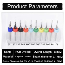 HOHXEN 10 Pcs Tungsten Carbide Macro Drill Bits, PCB Drill Bits for Jewelry, CNC, Soft Metals, Model Making, Wood - Cutting Dia: 0.1mm, 0.2mm, 0.3mm, 0.4mm, 0.5mm, 0.6mm, 0.7mm, 0.8mm, 0.9mm, 1.0mm