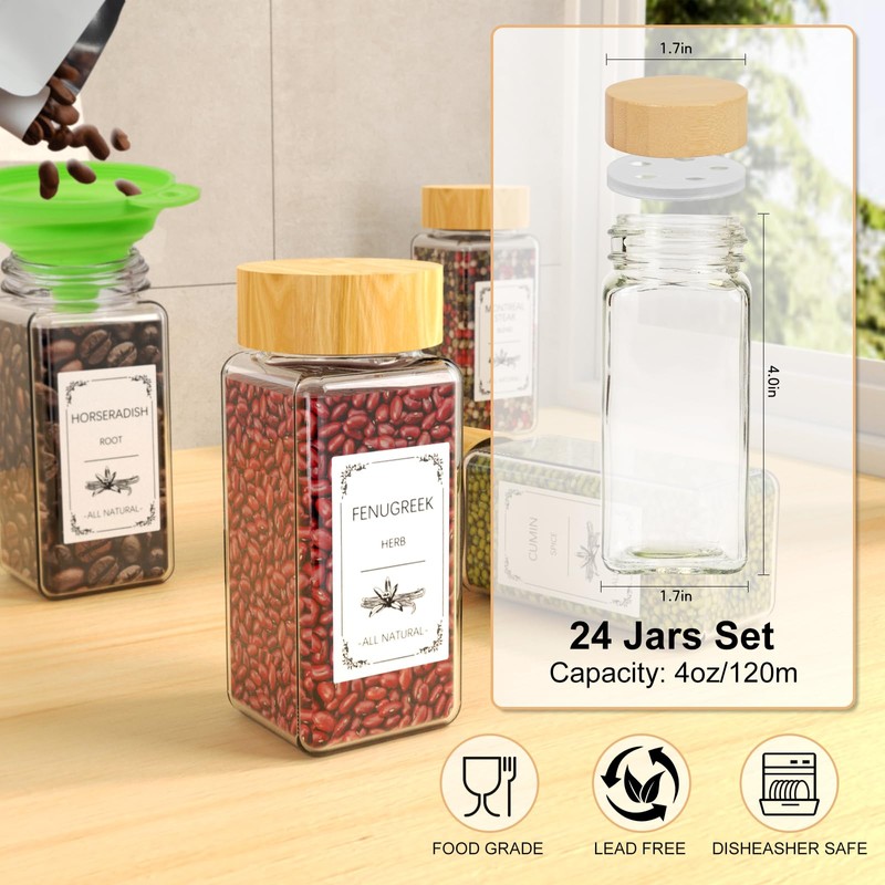 Spice Drawer Organizer with 24 Spice Jars, 355 Spice Labels,