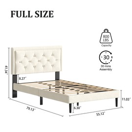 CXVX Full Size Platform Bed Frame with Upholstered Velvet Button Tufted Headboard, Mattress Foundation with Wooden Slat Support, No Box Spring Needed, Easy Assembly, Noise Free, Beige