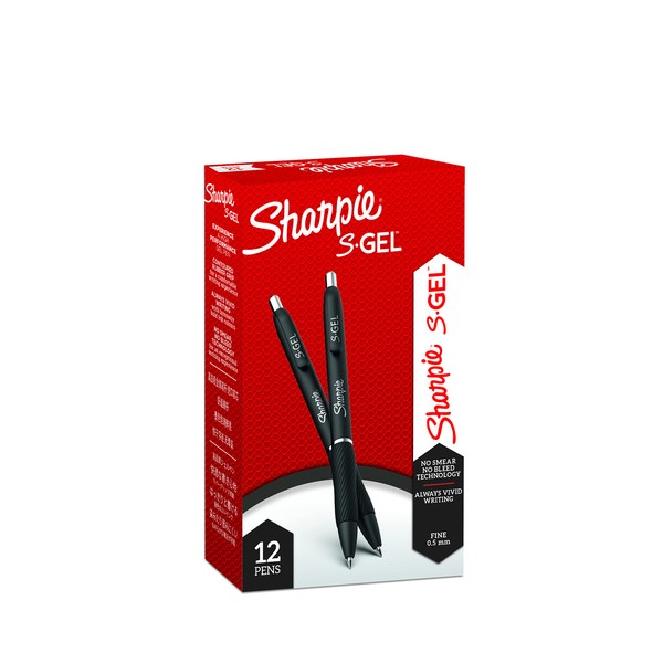 Sharpie Rollerball Pens, S-Gel, 0.5mm, Set of 12, Black, 2127433