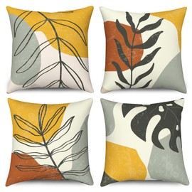 Hnmdmyi Boho Cushion Covers 45 x 45 cm Set of 4, Abstract Leaves Nature Plants Decorative Throw Pillow Covers Mid Century Modern Minimalist Aesthetic Art Linen Pillowcases for Sofa Couch Home Decor