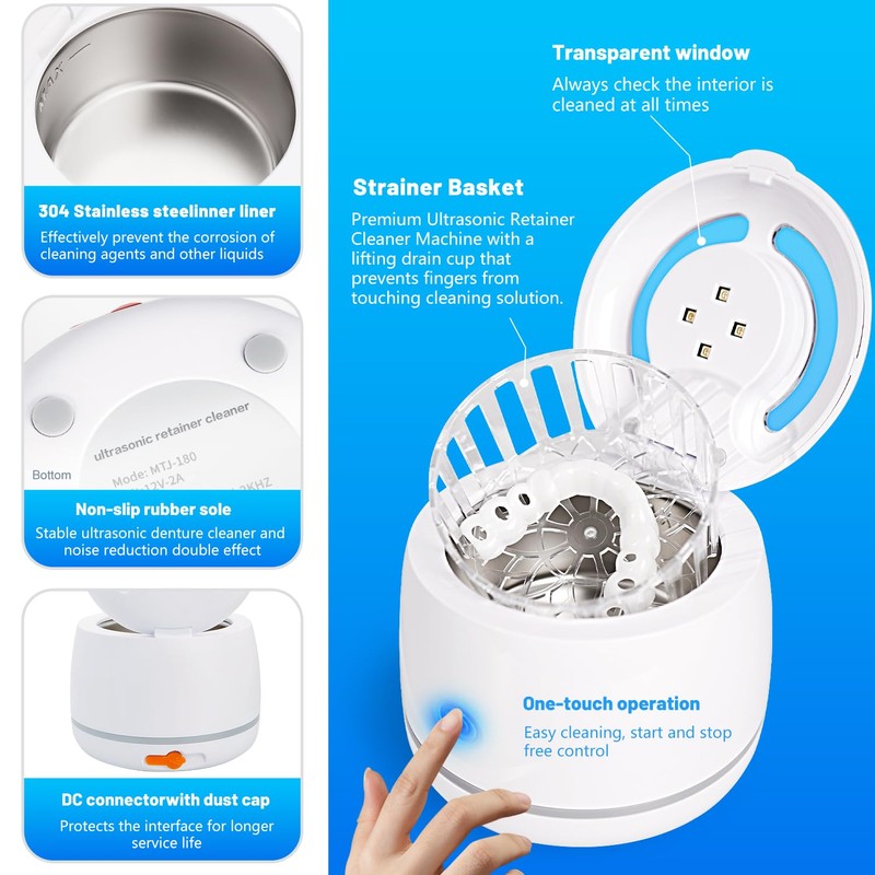 Ultrasonic denture cleaner for dentures, mouth guards, braces, toothbrush heads,