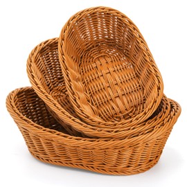 Yarlung 3 Pack Small Woven Breads Baskets, Oval Fruit Baskets Stackable Plastic Wicker Trays for Serving Vegetables, Kitchen, Restaurant, Outdoor, Imitation Rattan Brown, 3 Sizes