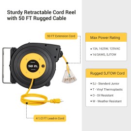 DEWENWILS 50FT Retractable Extension Cord Reel 14AWG/3C Heavy Duty Power Cord - Yellow
