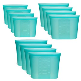 12-Pack Reusable Silicone Food Storage Bags, 100% Silicone Stand-Up Wide-Open Zip-Lock Reusable Storage Bags for Food, Freezer Microwave Oven Dishwasher Safe, Aqua, 4L 4M 4S
