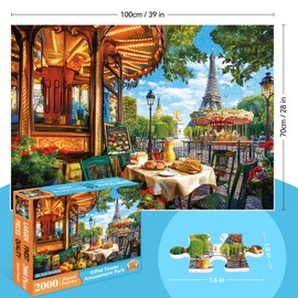 2000 Piece Puzzle for Adults, Romantic Paris Street Scene with Eiffel Tower, Carousel, and Café, Challenging Jigsaw Puzzle Gift for Travel and Art Lovers, Finished Size 39" x 28"