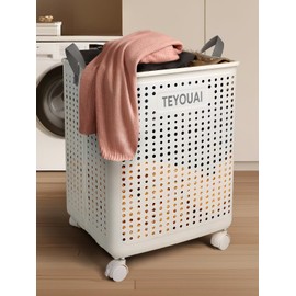 67L Rolling Plastic Collapsible Laundry Basket Cube Storage Bin Box Organizer with Wheels Handle Durable Ventilated Foldable Hamper for Bedroom Dirty Clothes Large Capacity