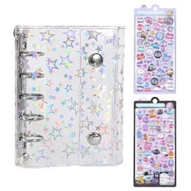 Sticker Album, Transparent, Star Pattern, Includes 2 3D Stickers, M5 Binder, Removable, 5 Holes, Soft, Cute Pom-Pom Stickers, Can Be Applied to Cards, Notebooks, Photos, DIY, Storage Decoration