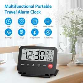 Olipiter Small Digital Travel Alarm Clock, Black, Foldable Calendar Temperature Timer LCD Desk Clock, Snooze, 9 Alarm Sounds, Backlight, AAA Battery Operated Digital Clock for Home & Office, Travel