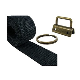 1.25" Key Fob Hardware and 1.25" Cotton Webbing Combo - Black (5 Yards/10 Key Fobs, Antique Brass Key Fobs)