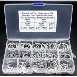 Elantek 200Pcs 8mm 10mm 12mm 14mm 16mm 18mm 20mm 22mm 24mm 26mm Metric 304 Stainless Steel Internal Snap Ring, Circlip Retaining Ring Assortment Kit