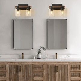 GoYeel Farmhouse Vanity Lights for Bathroom, Wooden Rustic Vanity Lighting fixtures 2-Light Bathroom Lights Over Mirror Vintage Wall Sconce Lighting with Clear Glass Shade for Bedroom Hallway