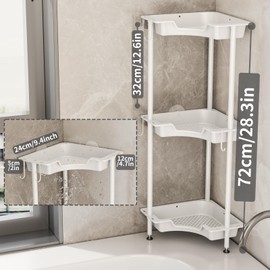 SWTYMIKI Corner Shower Caddy Standing - 3 Tier Floor Standing Shower Organizer with 4 Hooks, Plastic & Stainless Steel Waterproof Corner Stand Shower Shelf Storage Rack for Bathroom, Bathtub, White