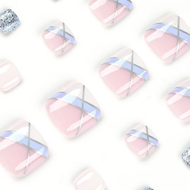 24Pcs French Tip Press on Toenails Short Square Fake Toe Nails White Blue Acrylic Toenails with Line Design Glitter False Toenails Full Cover Glossy Glue on Toenails for Women Manicure Decorations