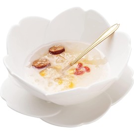 KKGUD Cute Ceramic 6-Inch Serving Bowl with Saucer and Spoon, Cherry Blossom Shaped Bowl 16oz (White)