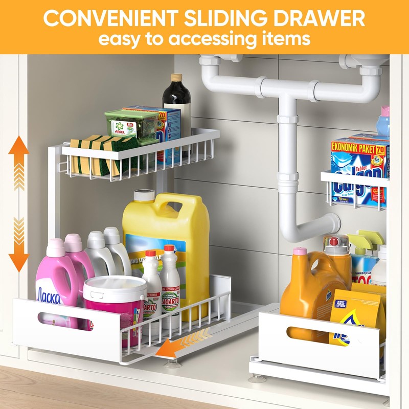 2 Pack Under Sink Organizer Storage 2-Tier Premium Metal Pull-Out