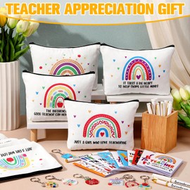 Yeaqee 48 Pcs Teacher Appreciation Gifts Set Include 12 Canvas Makeup Bag Cosmetic Pouch 12 Ballpoint Pens 12 Keychains 12 Journal Notebook for Women Teacher Week Gifts(Rainbow Style)