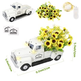 OurWarm Vintage White Truck Decor with Sunflowers Artificial Flowers Farmhouse Table Decor, LED String Lights Metal Truck Sunflower Decor for Home Rustic Farmhouse Tiered Tray Decor, Table Top Decor