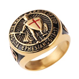 HZMAN Stainless Steel Knights Templar Ring for Men Boys Retro Put On The Whole Armor of God Ephesians 6:13 Red Cross Ring Jewelry Gift (Gold,9)