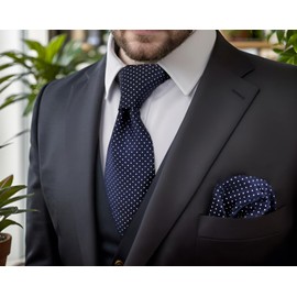 S&W SHLAX&WING Men Tie Necktie Dark Blue Navy Dot Classic Size 57.5" with Pocket Square