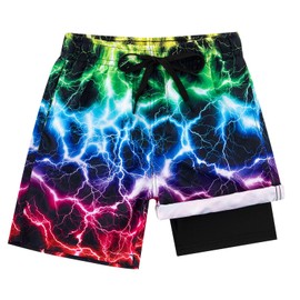 Lovekider Boys Swim Trunks with Boxer Brief Liner Size 10-12 Kids Neon Lightning Compression Inner Swimwear Quick Dry Swimming Trunks Green Blue Red