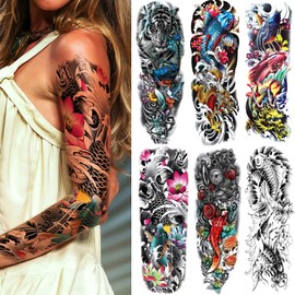 Fake Fish Sleeve Tattoo Stickers 6-Sheet Full Arm Fish Flower Temporary Tattoos Sleeves for Adult Kids Women Makeup