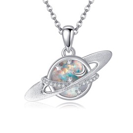 AXOMY Saturn Necklace 925 Sterling Silver Planet Opal Pendant Necklace Moon Star Saturn Necklaces for Women Anniversary Jewelry Gift