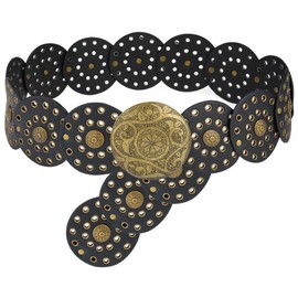 LIMHOO Wide Disc Belt for Women Leather Hollow Out Round Belt Boho Western Waist Belt, A Black