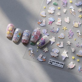 Rabbit Nail Stickers 5D Embossed Lotus Nail Decals 3D Self-Adhesive Starfish Nail Supplies Pearl Seashell Nails Designs Summer Nails Decoration Accessories for Women Girls DIY Manicure 1 Sheet