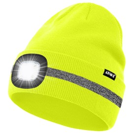 ATNKE LED Lighted Beanie Hat,USB Rechargeable 4 LED Run Headlamp with Reflective Stripe Cap Light Gift for Men and Women/#Fluorescent Yellow