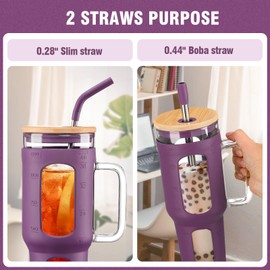 Glass Tumbler with Lid and Straw, 46 oz Iced Coffee Cup with Handle, Glass Water Bottles with Silicone Sleeve, Glass Cup with Straws - Pearl Straw & Drinking Straw BPA Free-Purple