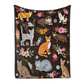 Cats Throw Blanket for Cat Lover Cat Gifts Soft Flannel Cats and Flowers Throw Blanket for Kids Girls Boys All Season Cartoon Animals Blankets for Sofa Couch Bed Decorative Cat Blue Blanket 50x60 inch